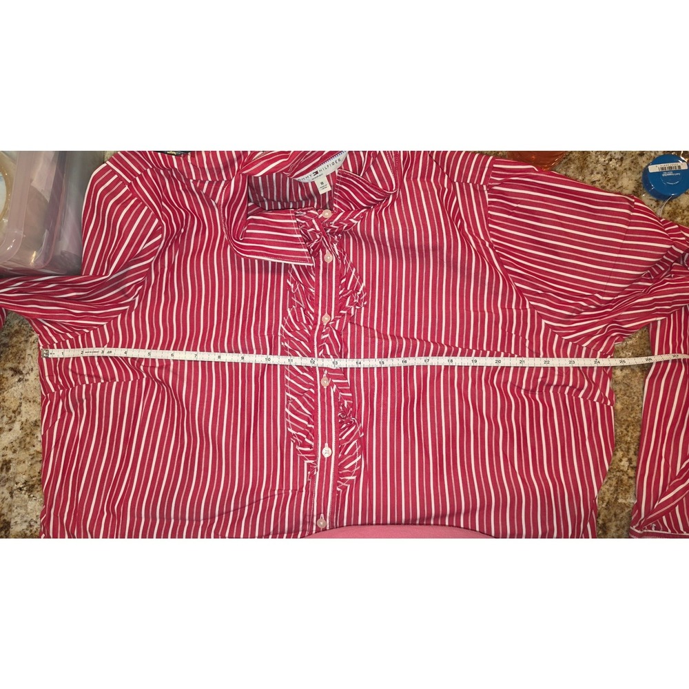 Tommy Hilfiger Woman Red White Striped Ruffle Front Button Down Shirt Size 18 - Picture 5 of 10